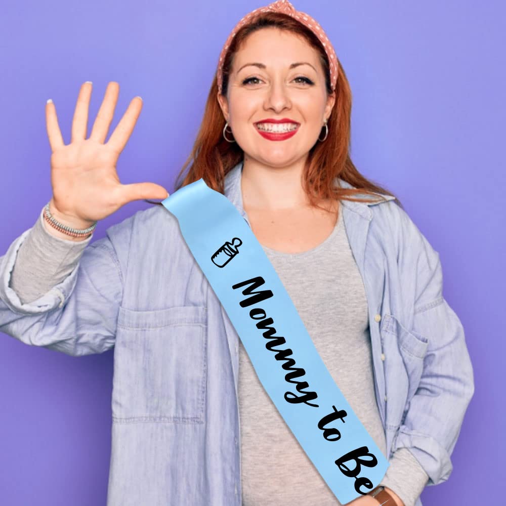 Banda para Baby Shower para Niño - Banda "Mamá por Ser" con Hermosa Cinta Azul y Texto de Foil Negro - Ideal para Revelación de Género, Baby Shower, Bienvenida al Bebé, Regalo para Mamá por Ser o Baby