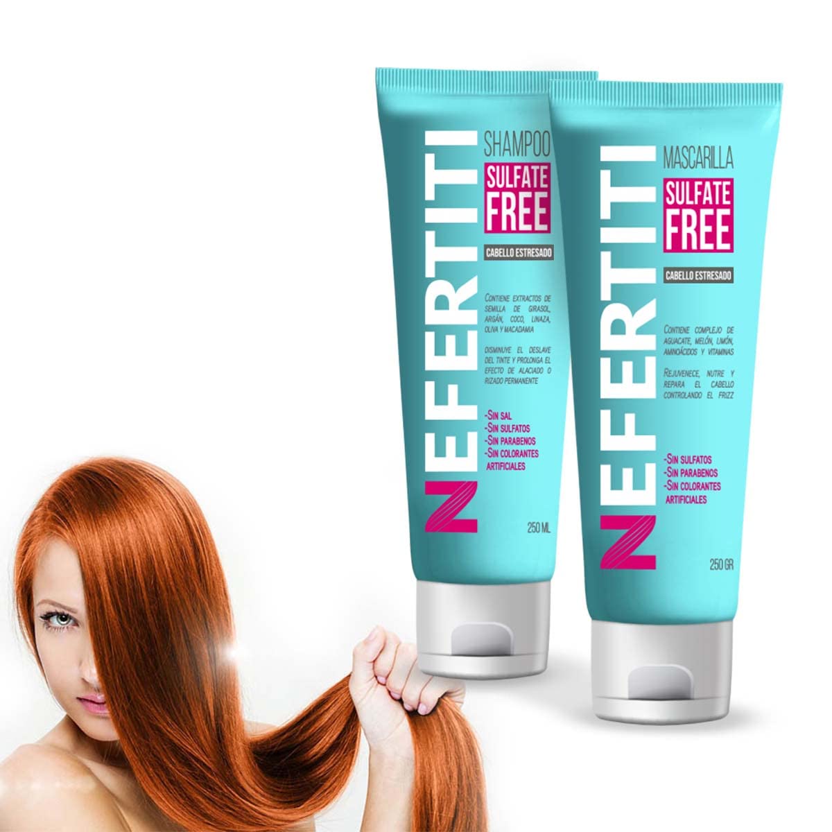 Kit para Cabello Dañado Estresado Shampoo Sin Parabenos y Mascarilla Sulfate Free Nefertiti, Fortalece, Revitaliza y da Mas Brillo al Cabello Débil y/o Maltratado