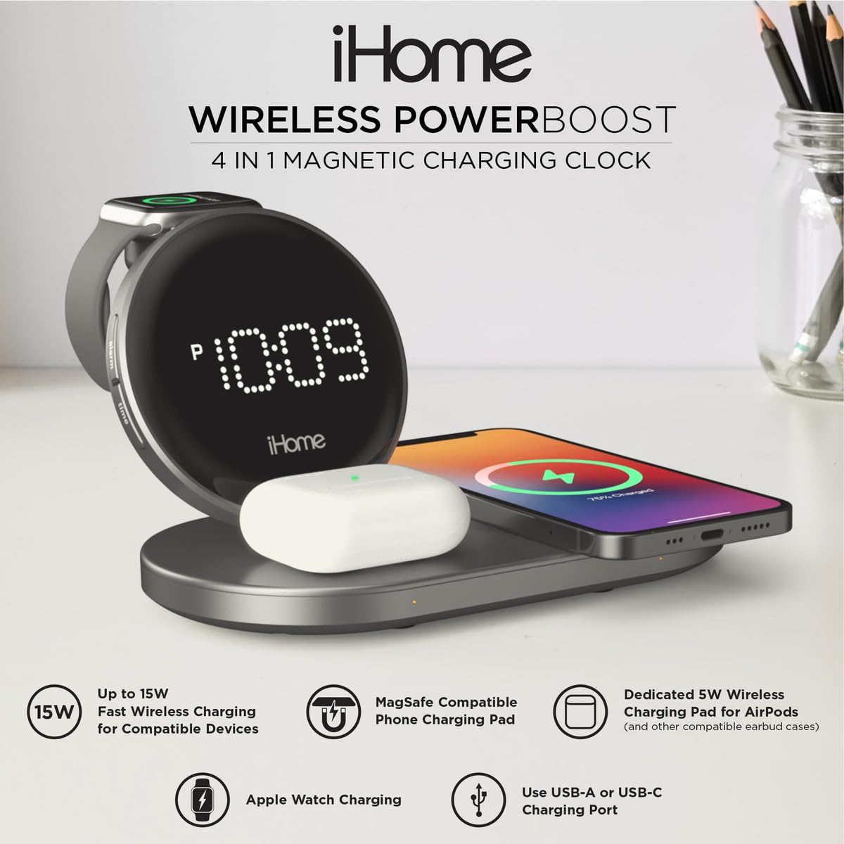 iHome POWERBOOST Quad 4 en 1 Dual Qi Cargador rápido inalámbrico, carga de Airpod, cargador Apple Watch y reloj despertador de carga USB, salida de potencia total de 30 W (iWW33)