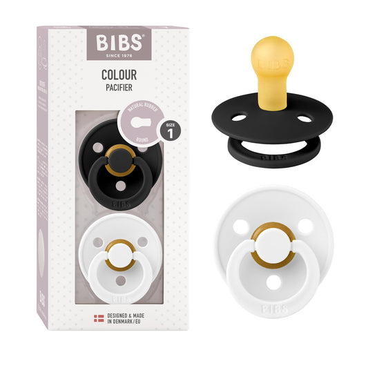 BIBS Chupones Colour Pack de 2, Tetina redonda de látex natural, Talle 1, Color Black/White, 0 a 6 meses, Hecho en Dinamarca