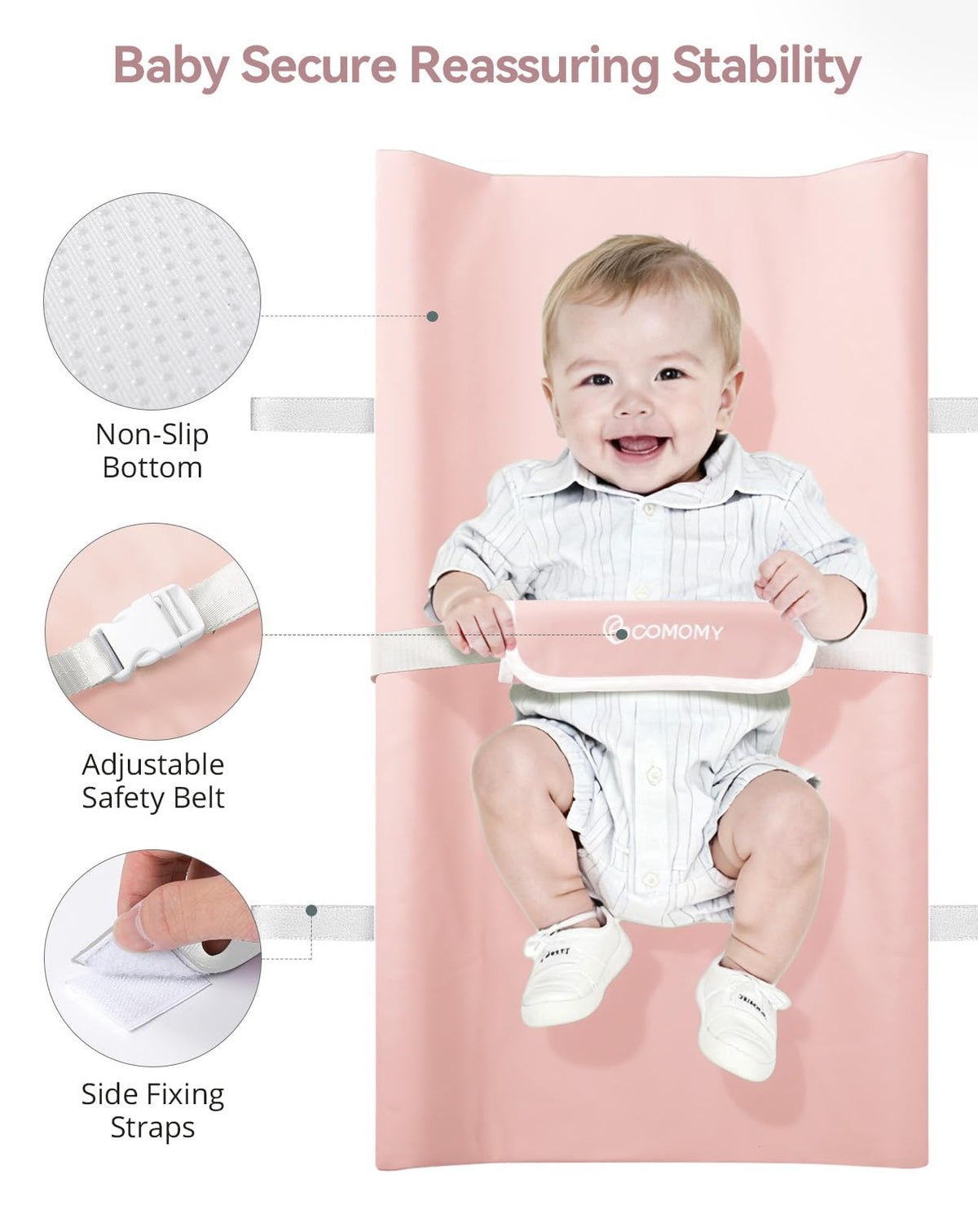 COMOMY - Cambiador de bebé con funda de poliuretano lavable e impermeable, cambiador de pañales contorneado para cómoda con cinturón de seguridad antideslizante, portátil y ligero, espuma acolchada