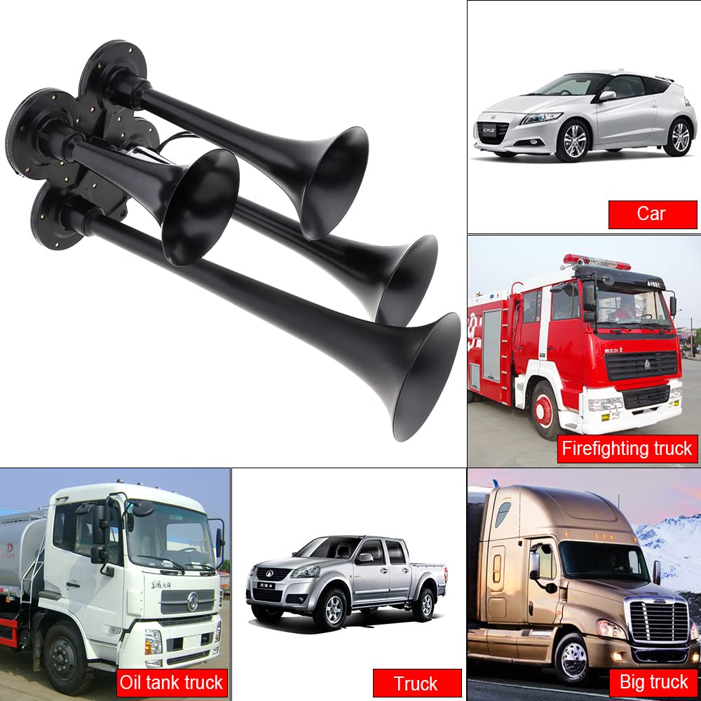 DriSentri 4 trompetas de aire bocina de tren de 12 V 178 dB súper fuerte negro cuatro trompetas bocina de aire para coches, camiones, barcos, SUV, motocicletas, vehículos