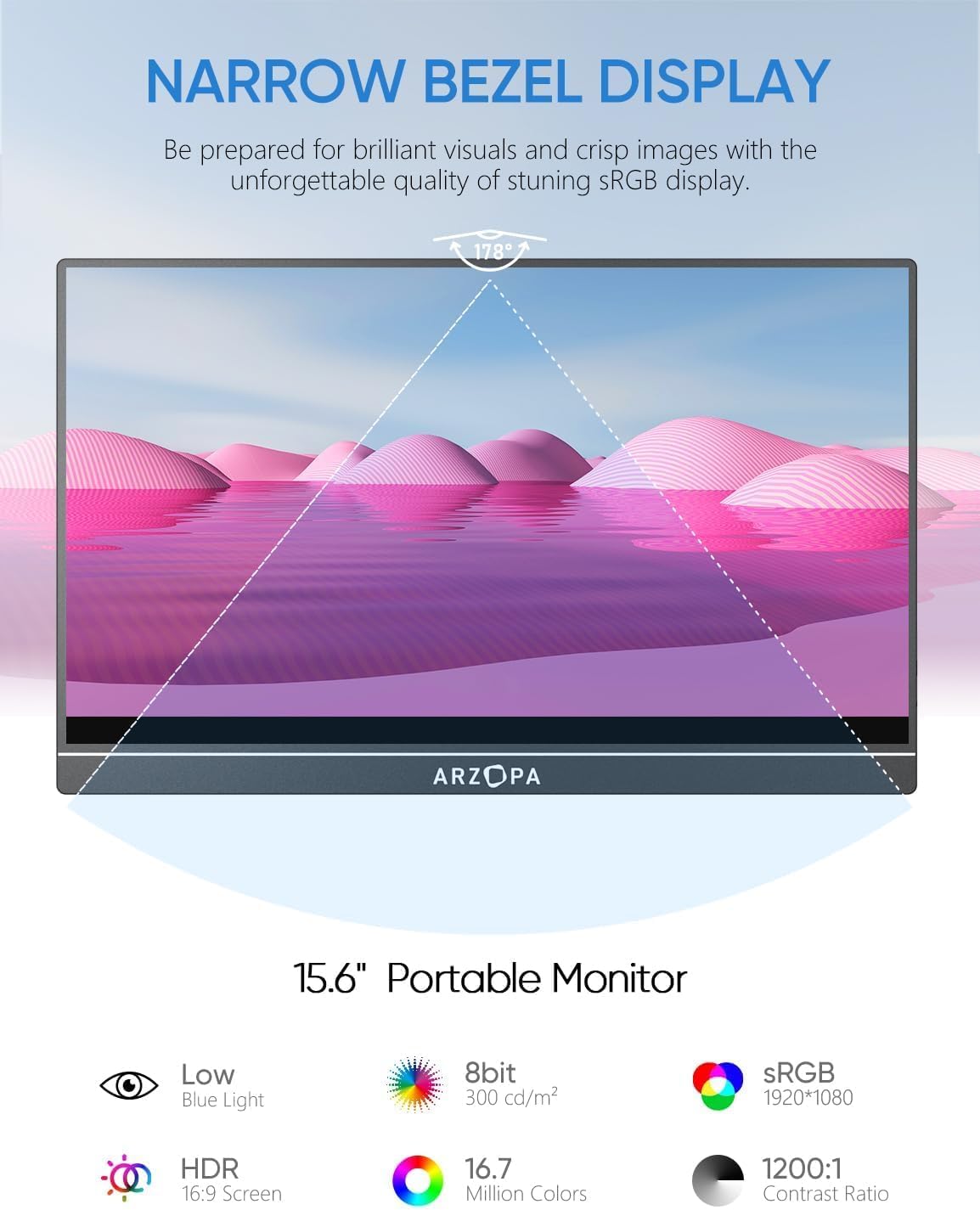 Monitor Portátil ARZOPA 15.6'' FHD 1080P Kickstand IPS USB C HDMI Pantalla Externa
