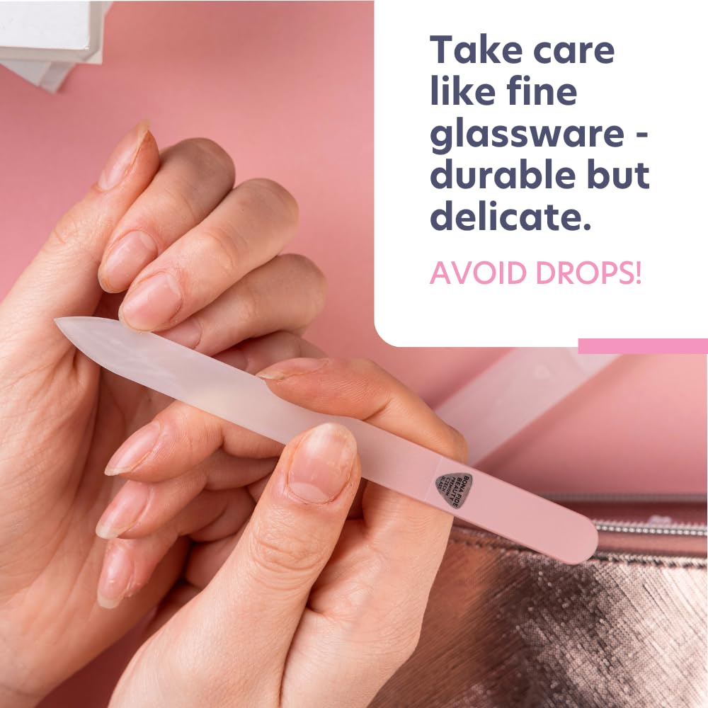 BONA FIDE BEAUTY Lima de Uñas de Cristal Checa para Uñas Naturales (Melocotón) - Grano Fino (180/240) Lima de Uñas de Cristal con Estuche Transparente. Cuidado de Uñas Fácil de Transportar.