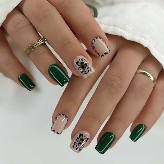 Gifiky Uñas Postizas Cuadradas Cortas Con Estampado De Leopardo Verde, Cobertura Total, Para Mujeres Y Niñas, 24 Unidades