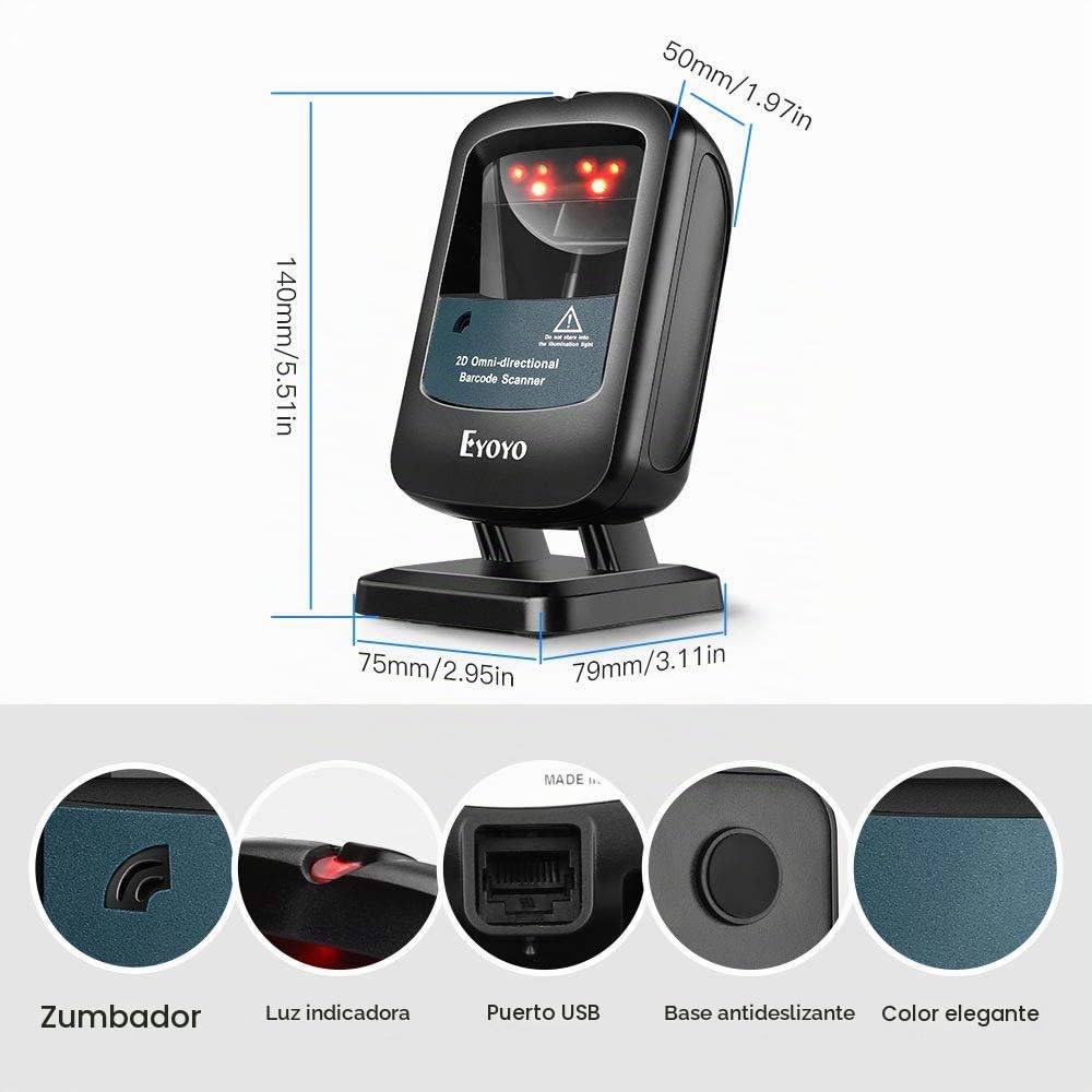 Escáner de Código de Barras Eyoyo Negro Omnidireccional 2D USB