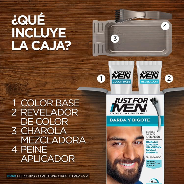 Just For Men, Tinte Colorante para Barba y Bigote Castaño Negro B50, Cubre Canas y con Cepillo de Fácil Aplicación, 28g