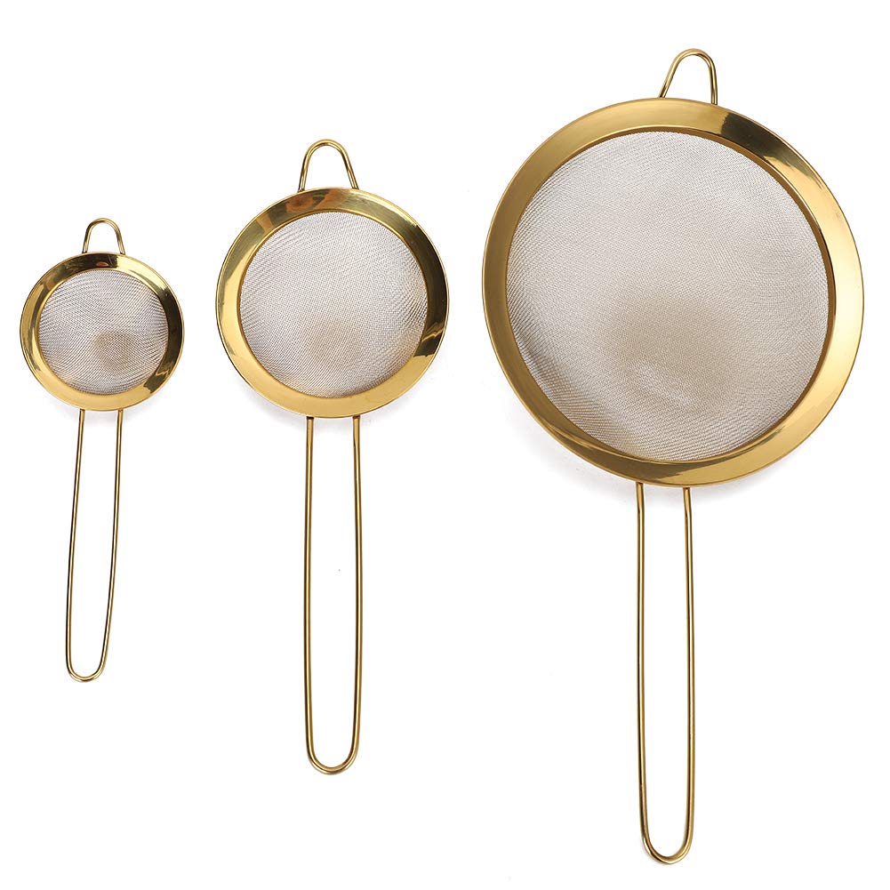 Colador de malla fina | Colador de aceite de acero inoxidable con mango largo | 3.1 ", 4.7", 7.9 "| Adecuado para albóndigas, wonton, fideos | Titanio dorado
