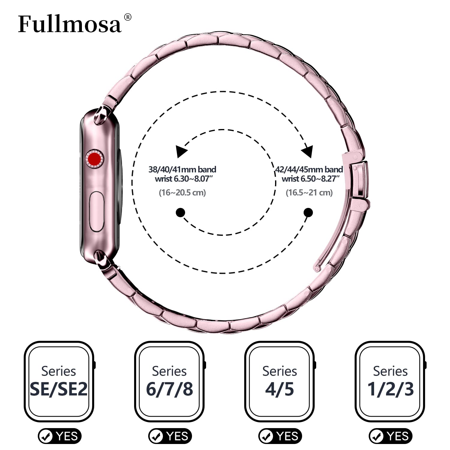 Fullmosa Correa Compatible Con Apple Watch 44mm 45mm 42mm,Pulsera Acero Inoxidable con Case Para iWatch SE/Series 9/8/7/6/5/4/3/2/1,44mm 45mm 42mm Rosa