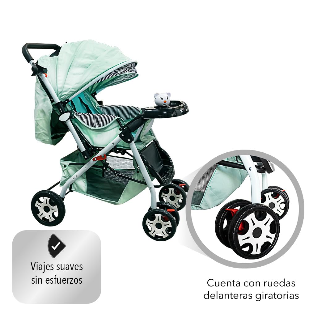 Carriola De Bebé Plegable Rosa (Azul) Carriola De Bebé Plegable Mango Reversible Respaldo Ajustable Ruedas Delanteras Giratorias Arnes De Seguridad De 5 Puntos Bandeja De Comida Y Musica 2 En 1