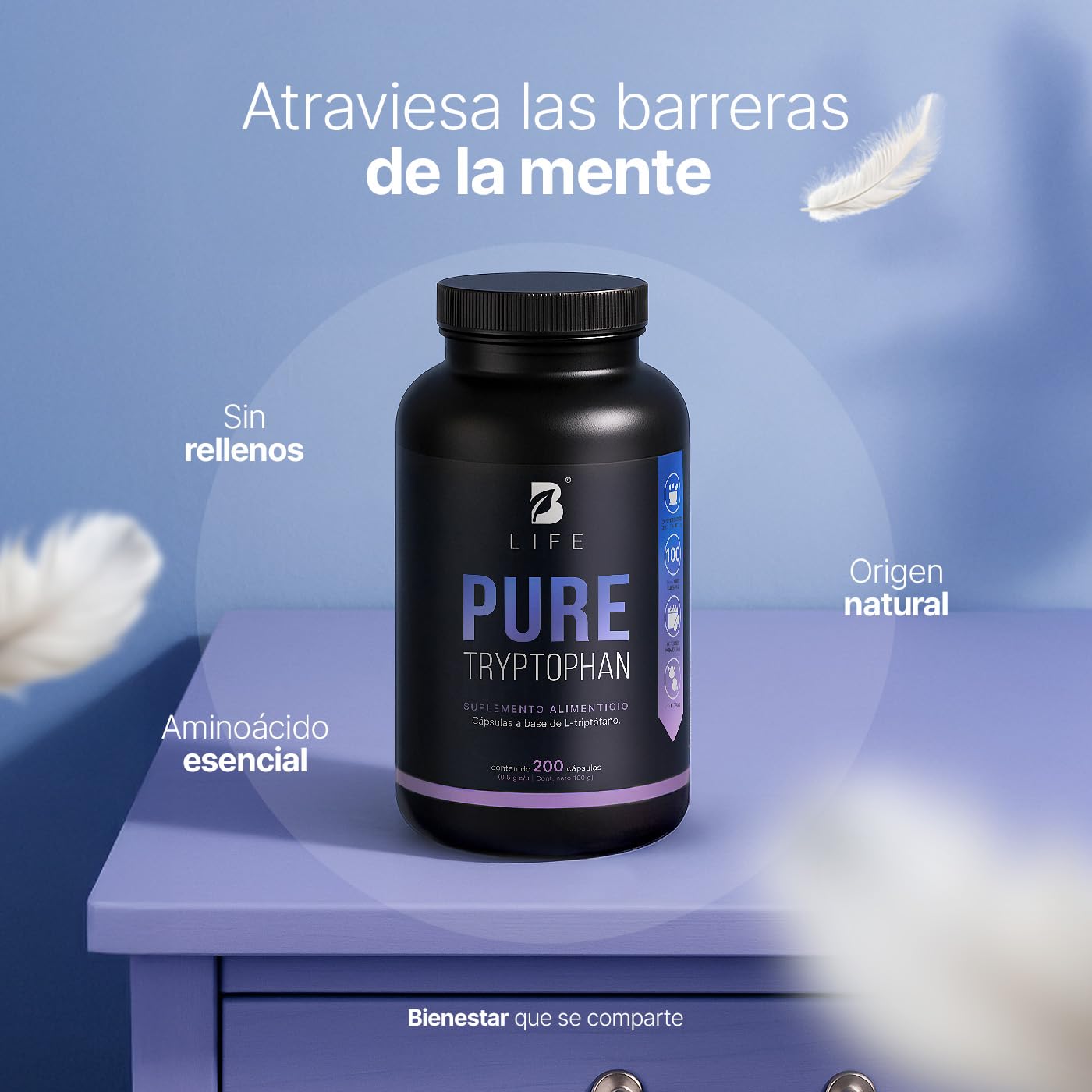 B Life Triptófano Puro | 200 Cápsulas de 500 mg | Aminoácido esencial precursor de serotonina | Pure Tryptophan.