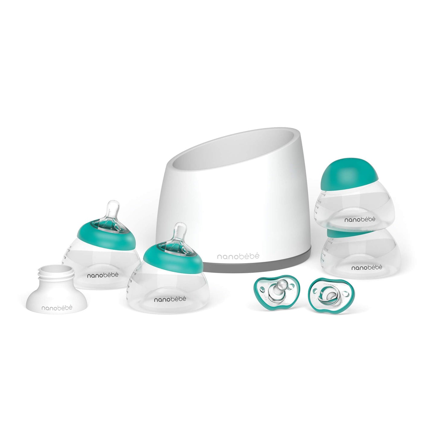 NANOBÉBÉ Kit de inicio anticólicos para biberón de leche materna Nanobebe con chupetes de silicona, adaptador para extractor de leche y tetinas de flujo lento - 147 g - Verde azulado/gris