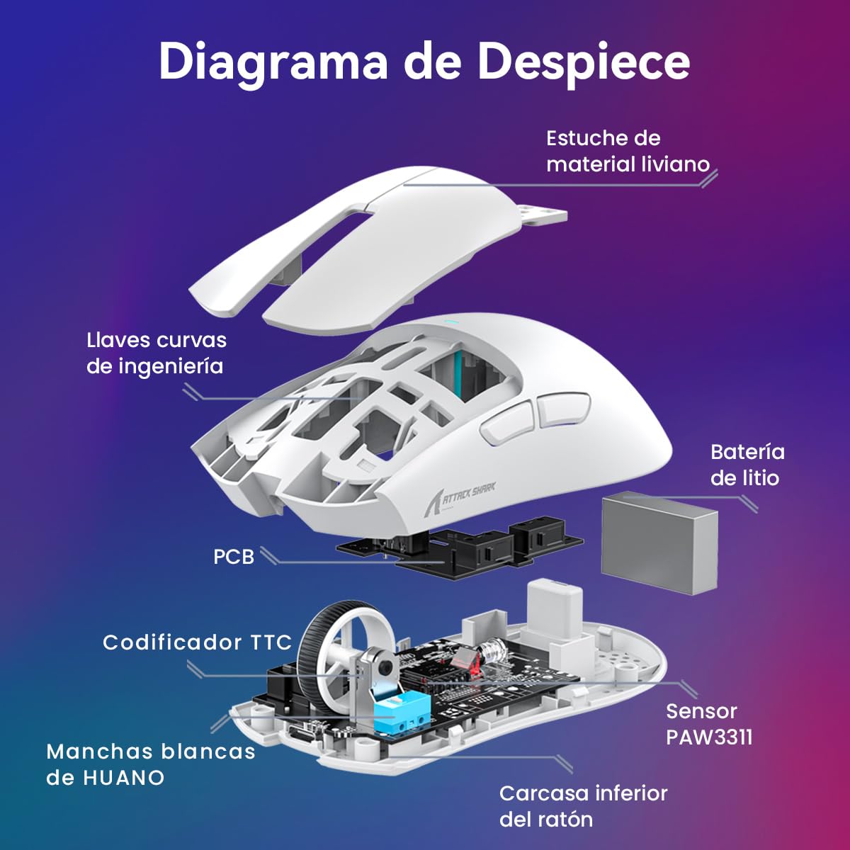 ATTACK SHARK X11 Mouse Inalámbrico con Base de Carga RGB, Mouse Gamer Ultraligero para Juegos, 2.4 GHz/Bluetooth/USB-C de 3 Modos, 24000DPI, 5 Botones programables para PC/Mac