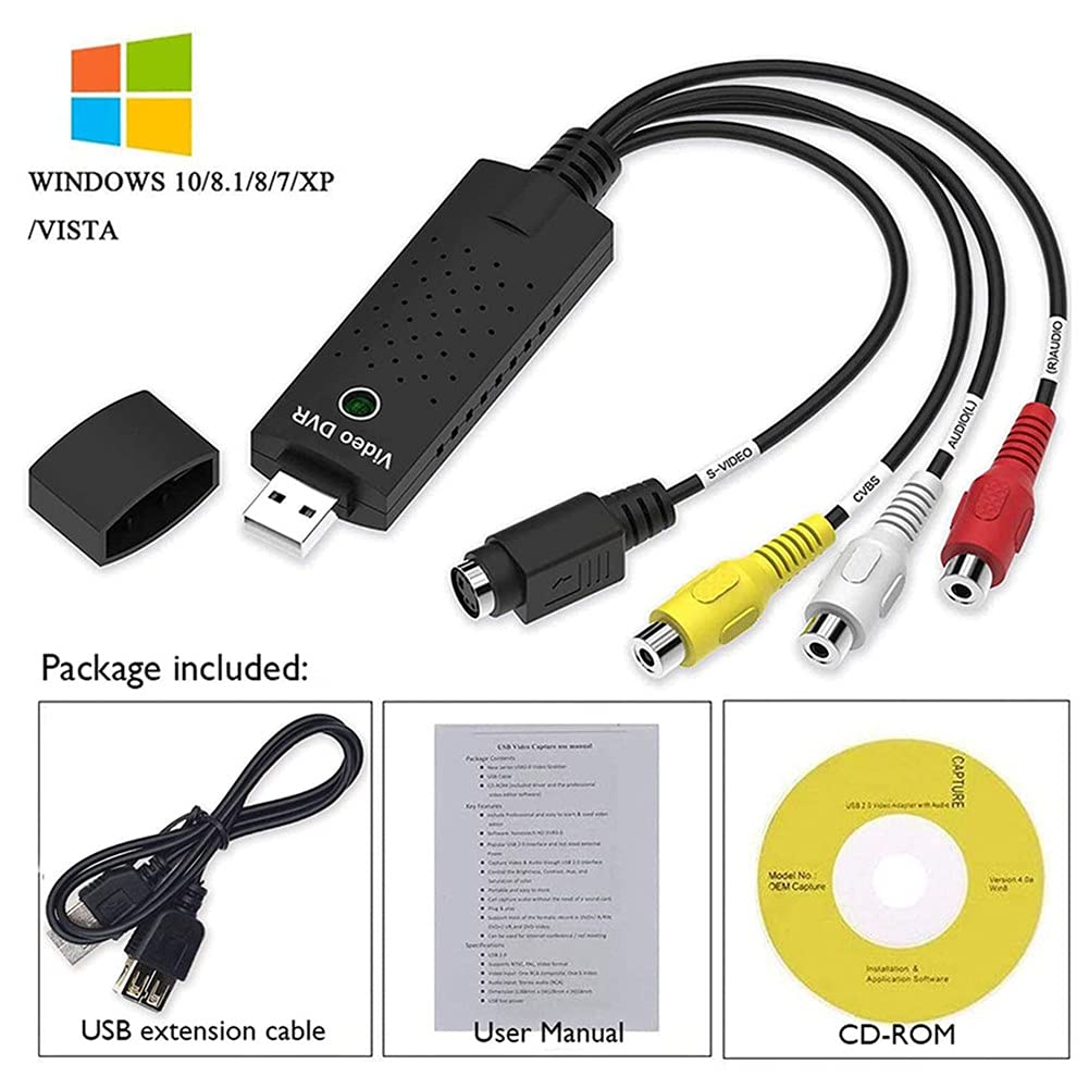 Dispositivo de tarjeta de captura de video, convertidor de audio / video USB 2.0: digitalice y edite video desde cualquier fuente analógica, incluidos VCR, VHS, DVD Adaptador USB2.0 Audio Grabber VHS VCR Convertidor de TV a DVD para PC con Windows