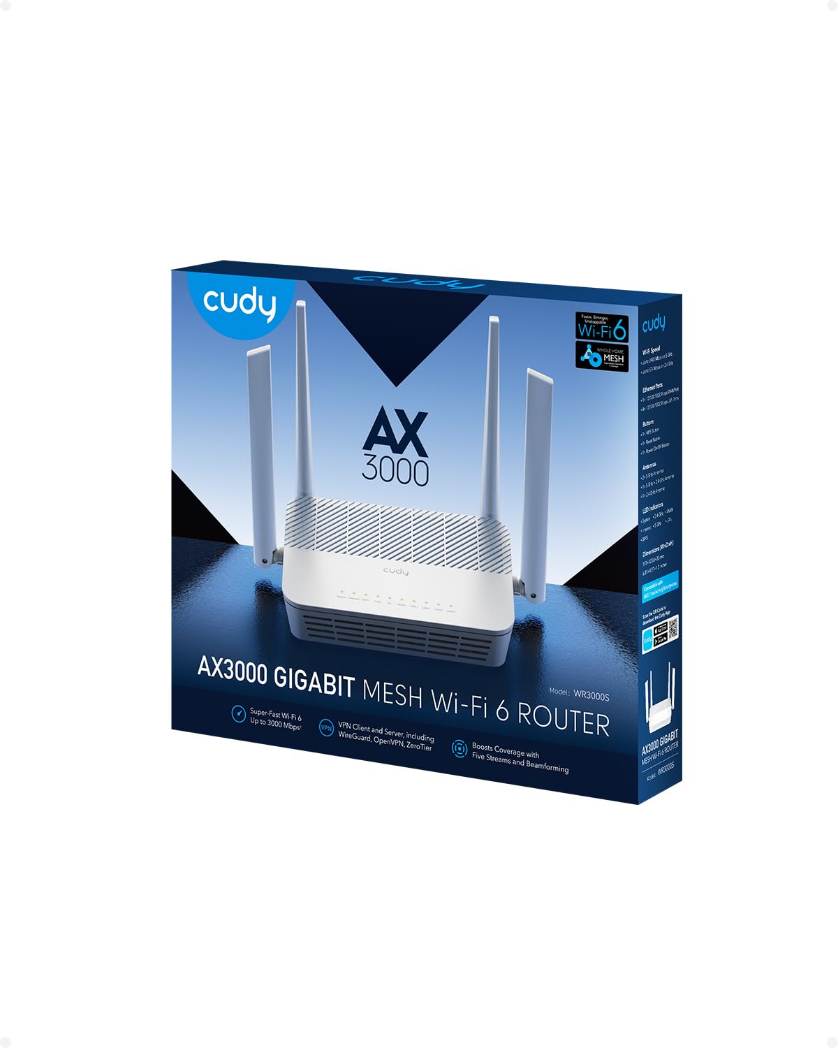 Cudy WR3000S AX3000 - Enrutador WiFi de doble banda 6, 5 puertos Gigabit Ethernet RJ45, 4 antenas, MU-MIMO, OpenVPN, Wireguard, Zerotier, Ipsec VPN, Cloud APP