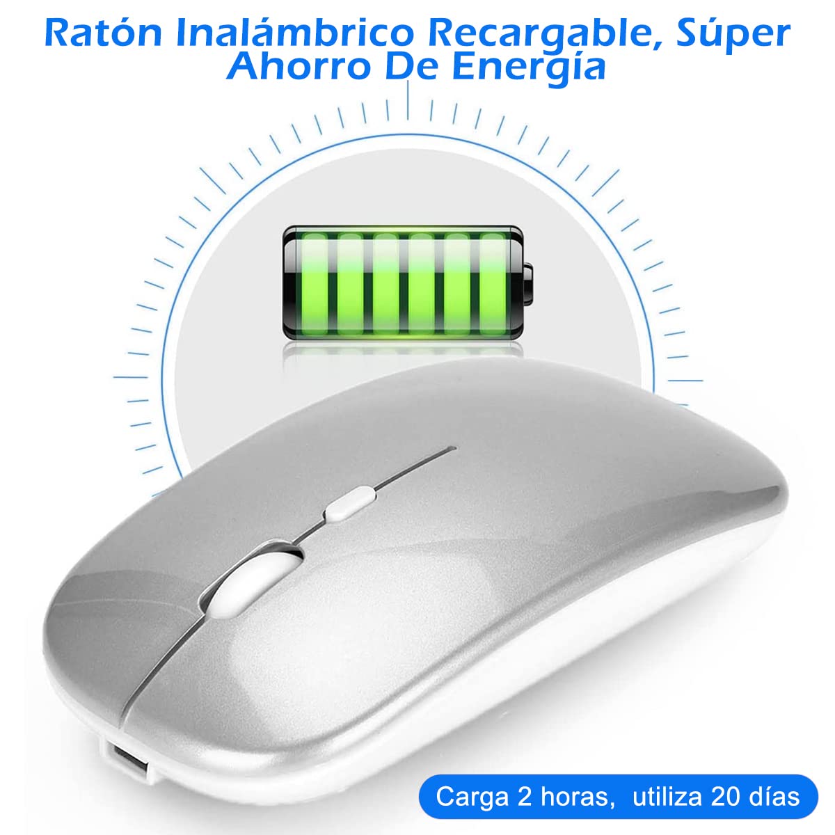 Lostrain Mouse Inalámbrico, Ratón Bluetooth Recargable con Receptor Mini USB 2.4G 1600DPI Sensor Óptico Wireless Mouse De Doble Modo Silencioso Compatible con Chromebook/Mac/Windows/Pc