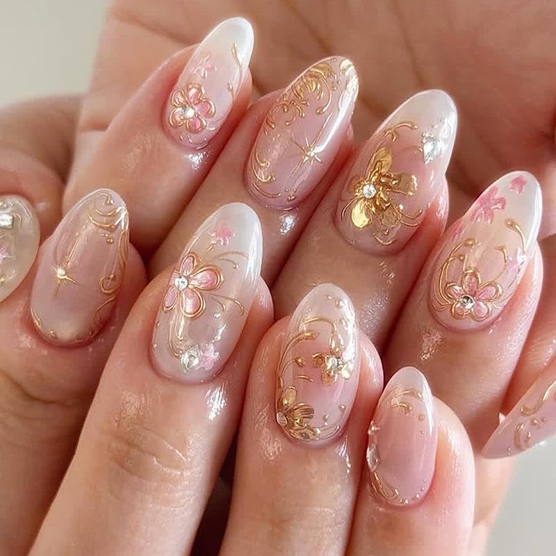 IEORGYIG Uñas postizas de presión con diseño de flores rosas doradas, reutilizables, con pestañas adhesivas - Kit de manicura de 24 piezas para mujeres y niñas