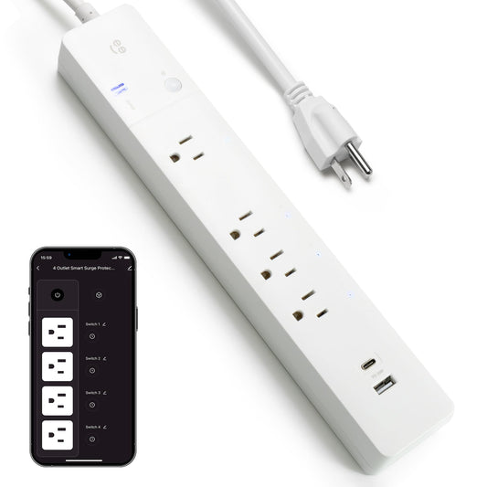 Geeni - Enchufe de Enchufe múltiple de 4 Tomas de Corriente Inteligente más 2 Puertos USB, Protector de sobretensiones con Cable de 6 pies, Control WiFi, Compatible con Alexa y Google Home, Color