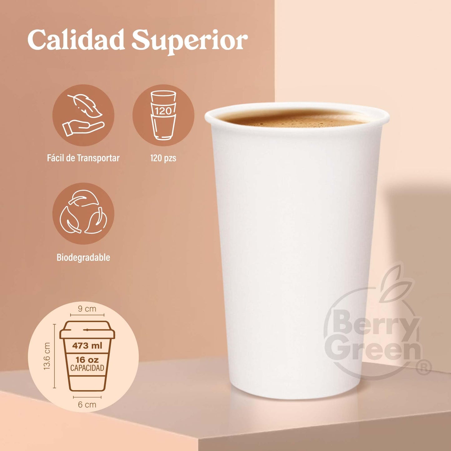 Berry Green Vasos Blancos para Café, Paquete de 120 Vasos, Resistentes, Perfectaos Para Cafe, Te y Todo Tipo de Bebidas Calientes, Biodegradables y Faciles de Apilar (16 Onzas)