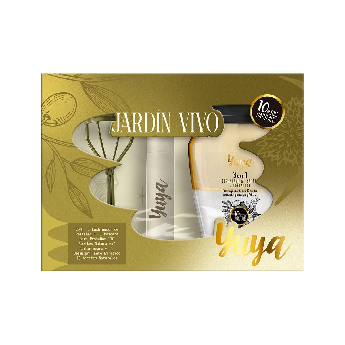 YUYA Jardín Vivo Set de Pestañas Enchinador + Máscara “10 Aceites Naturales” Color Negro + Desmaquillante Bifásico | Define, Riza y Remueve Maquillaje de Larga Duración