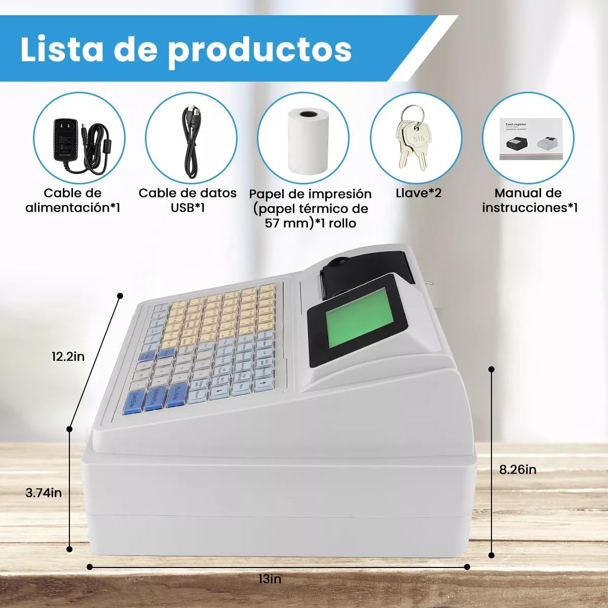 Caja Registradora Comercial, Caja Registradora Electrónica LED de 8 Dígitos, Detector de Moneda con Luz Violeta, Impresora Térmica con Cajón y Teclado, Adecuada para Pequeñas Empresas, Supermercados