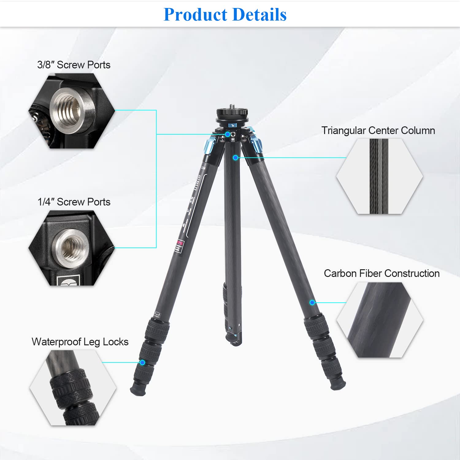 Trípode Profesional SIRUI Fibra de Carbono Resistente Impermeable 69 Pulgadas con Columna Central Triangular para Cámara DSLR y Videocámara
