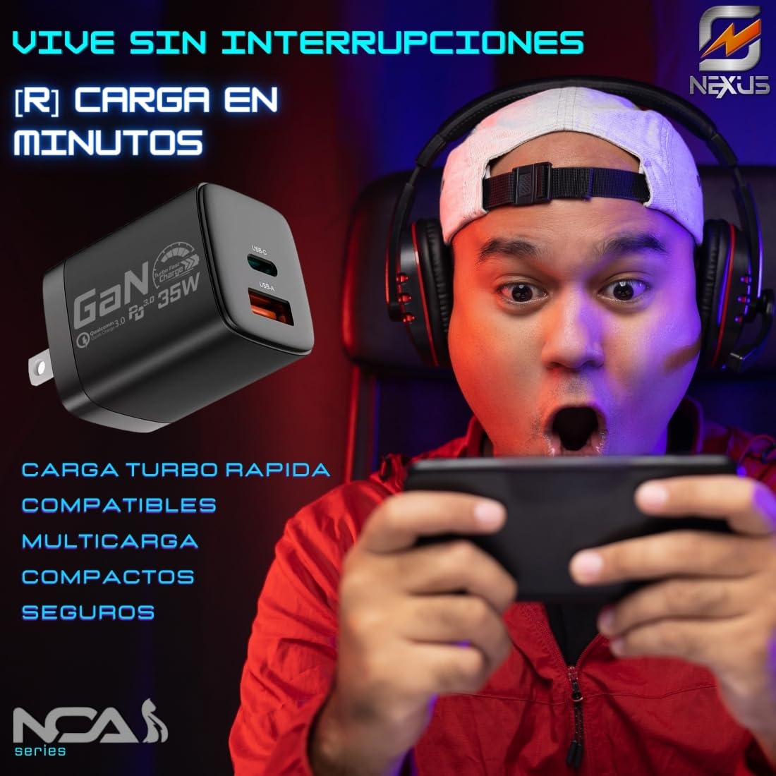 Cargador Celular Inteligente GaN Carga Rápida USB C 35W NEXUS Cable USB C 2m incluido Compatible con todas las marcas iPhone 12 al 15 Samsung S22 S23 S24 Xiaomi o Audífonos Tablets Drones Cámaras ipad