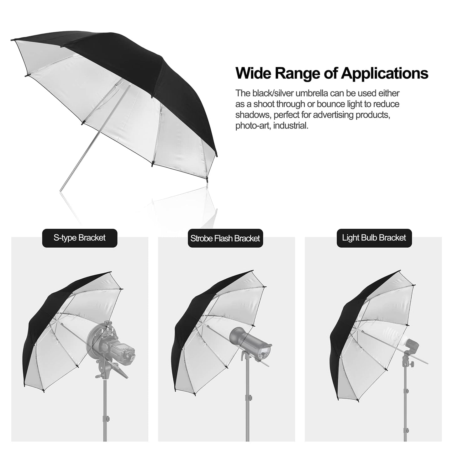 Emart 2 x 33" Photography Studio Photo Lighting Flash Reflective Black/Silver Umbrella
