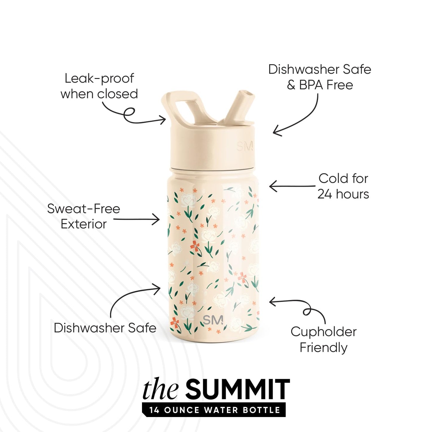 Botella de Agua Simple Modern Chloe Floral Acero Inoxidable Aislada con Pajita para Niños y Niñas