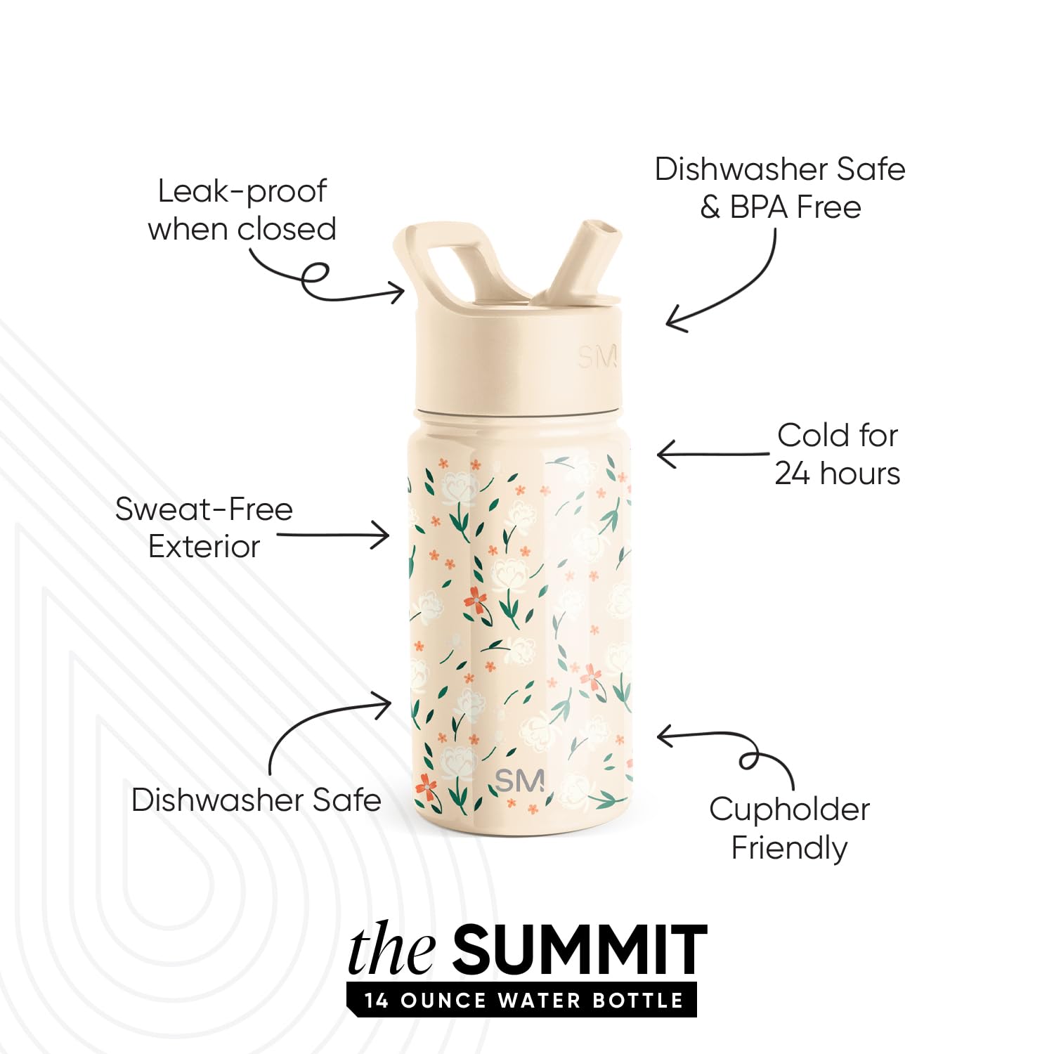 Botella de Agua Simple Modern Chloe Floral Acero Inoxidable Aislada con Pajita para Niños y Niñas