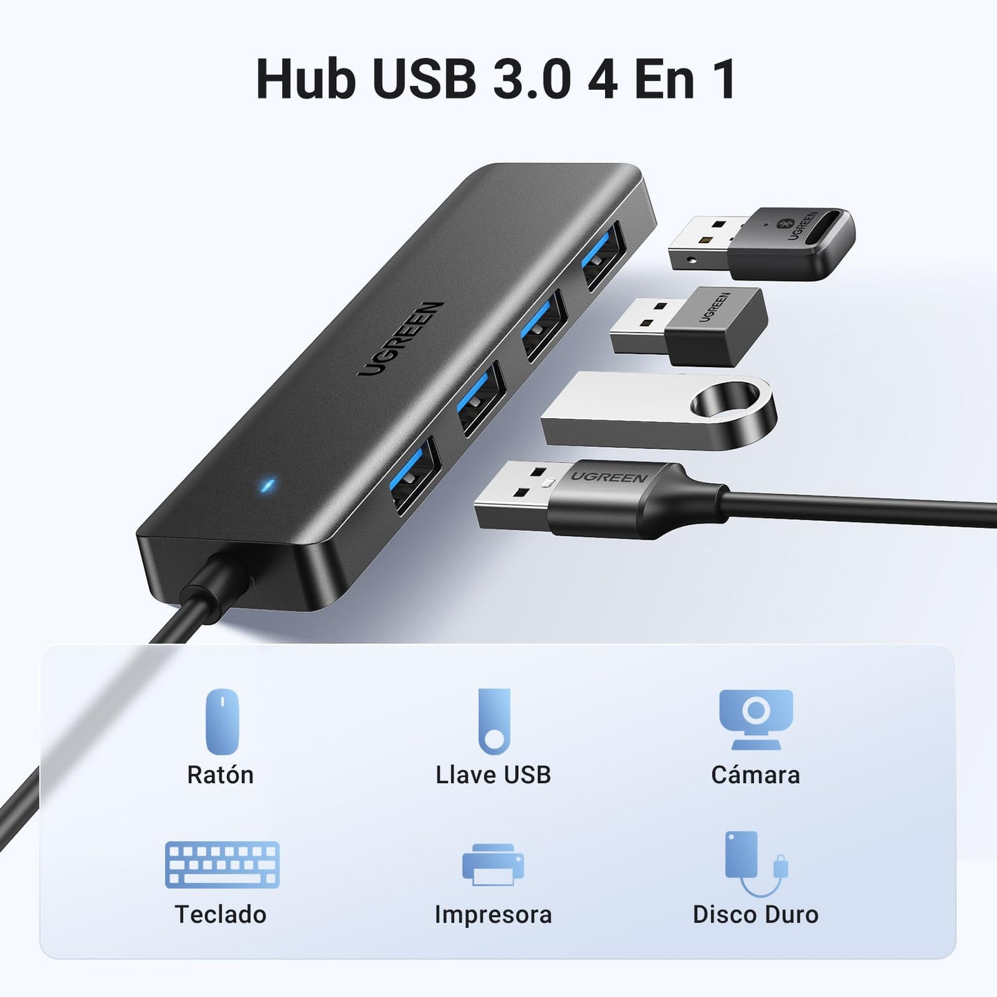 Hub USB 3.0 UGREEN Negro 4 Puertos 5Gbps 15CM