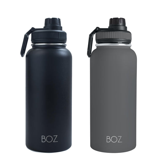 BOZ - Paquete de 2 botellas de agua de acero inoxidable, botella de agua gris + botella de agua negra, botellas de agua aisladas al aspiradora, 32 onzas, botellas de agua deportivas sin BPA para