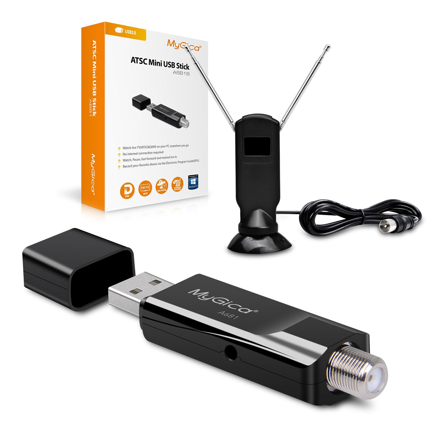 Mygica A681B - Antena de tarjeta sintonizadora de TV USB analógica, ATSC HD, digital, externa, HDTV, adaptador de dongle para ventana, Linux, para computadora, portátil, Android TV Box, navegación de