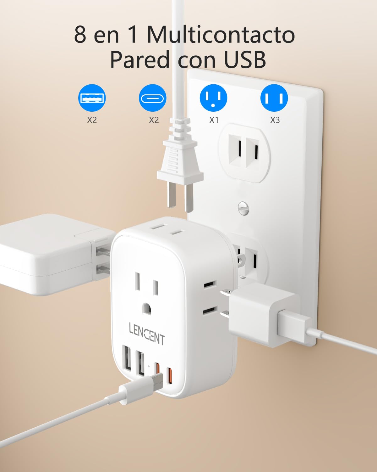 LENCENT 1X Adaptador de Enchufe Americano Tipo A, Adaptador de 3 a 2 Clavijas con Enchufe Polarizado, Cargador con 4 Salidas CA&4 USB (2 USB C), Extensor de Enchufe de 2 Clavijas sin Toma de Tierra