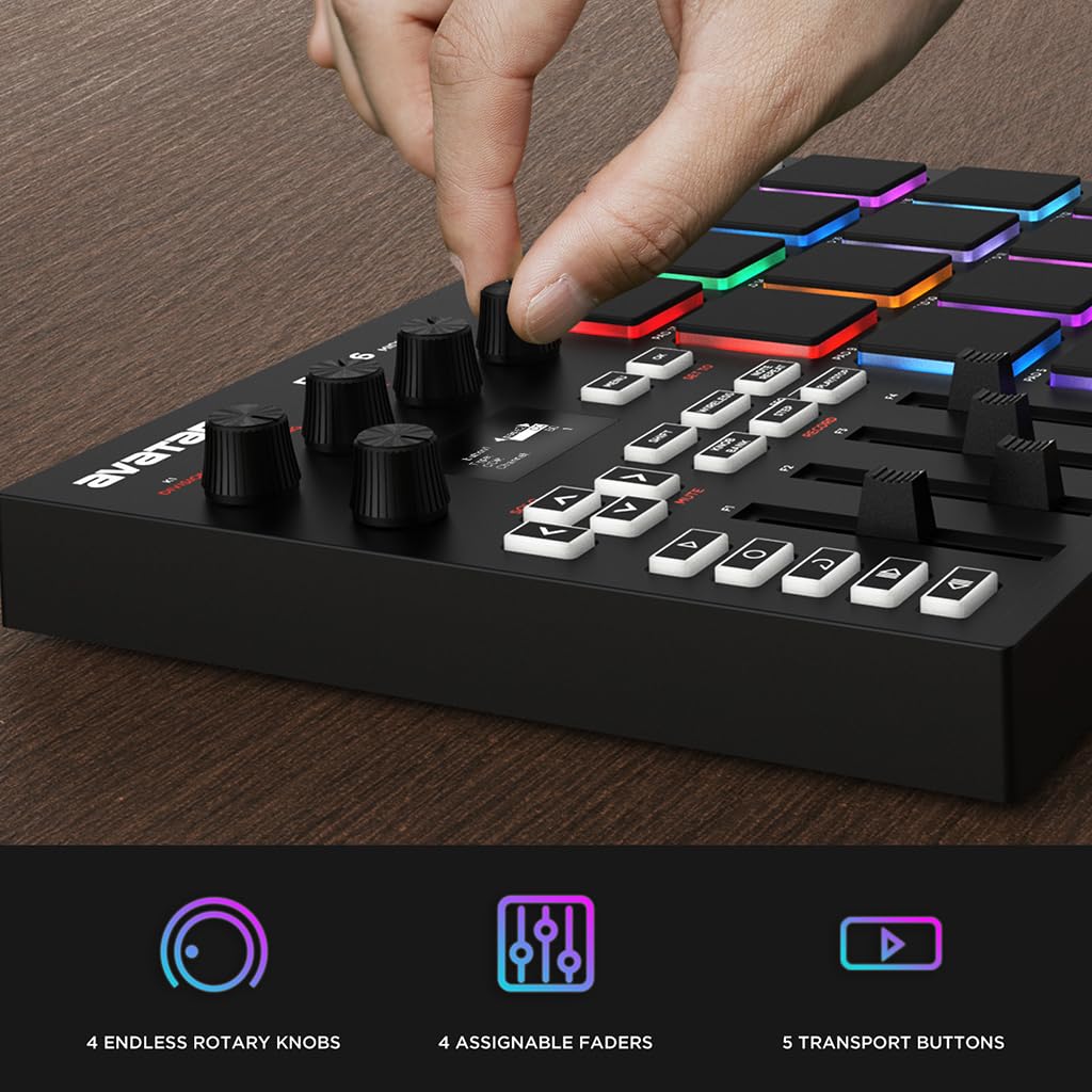 HXW EMP16 MIDI Pad Controller Beat Maker Machine con Bluetooth, 16 almohadillas para orejas de ritmo sensibles a la velocidad RGB, 16 niveles, completo/medio nivel, visualización OLED, entrada y