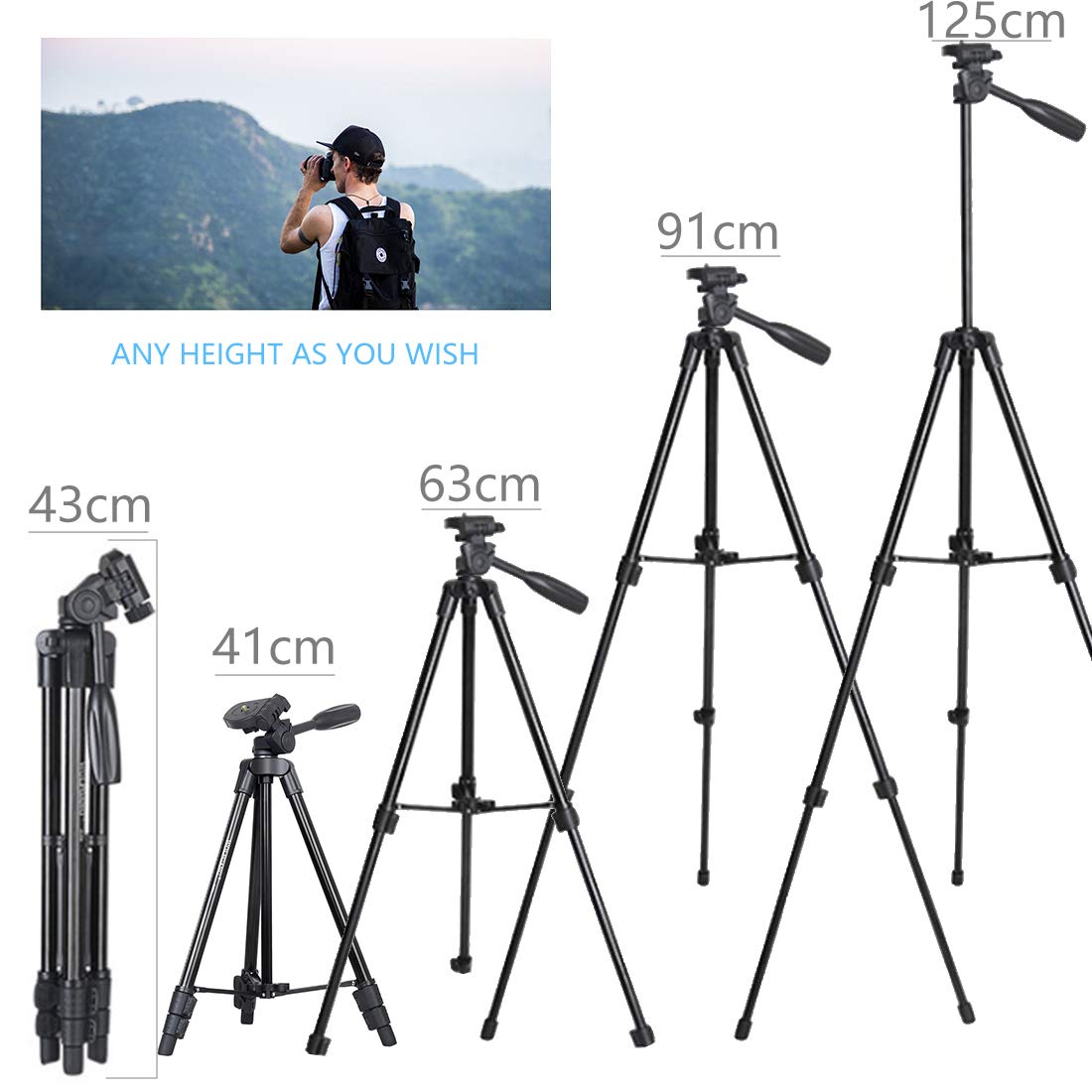 Cámara de Aleación de Aluminio Portátil Trípode RabbitStorm Trípode de Cámara, Trípode Móvil, Rotación de 360 grados, hasta 125cm, con Soporte de Trípode para Teléfono, Adecuado para 1/4 Interfaz de Tornillo Universal SLR/Micro Single/DV/DC/Gopro