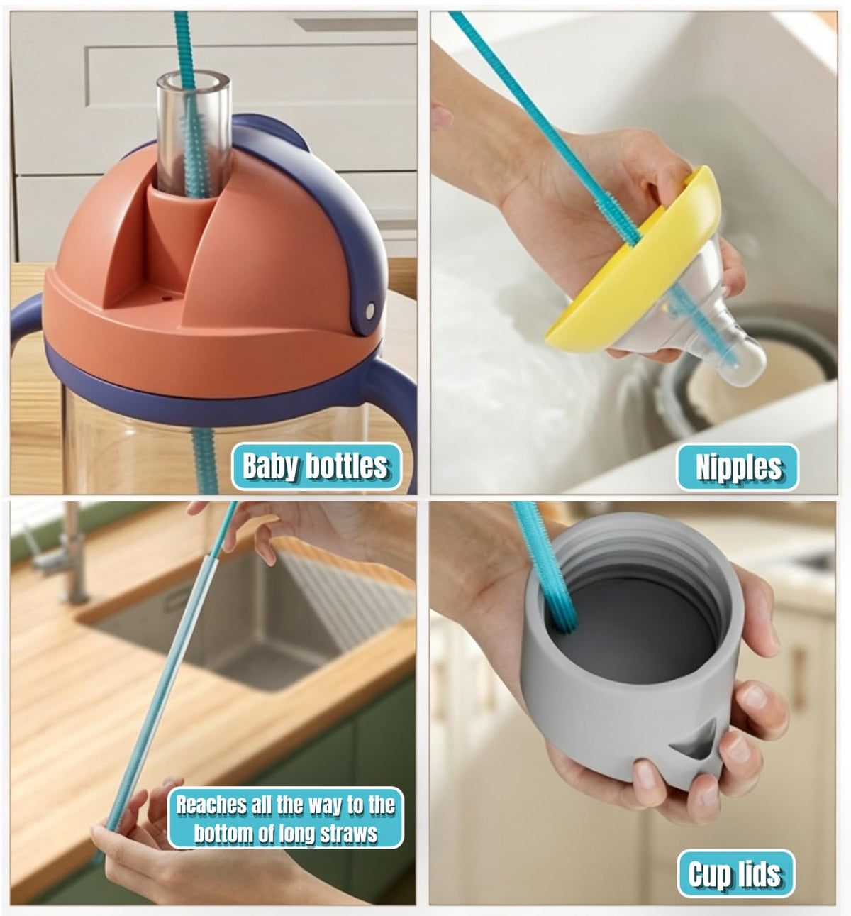 Bebolizerch - Juego de 2 cepillos de limpieza de pajitas de silicona, reutilizables y flexibles para limpiar popotes de metal finos, herramienta de limpieza de pajitas de 6 mm y 9 mm con bucle para