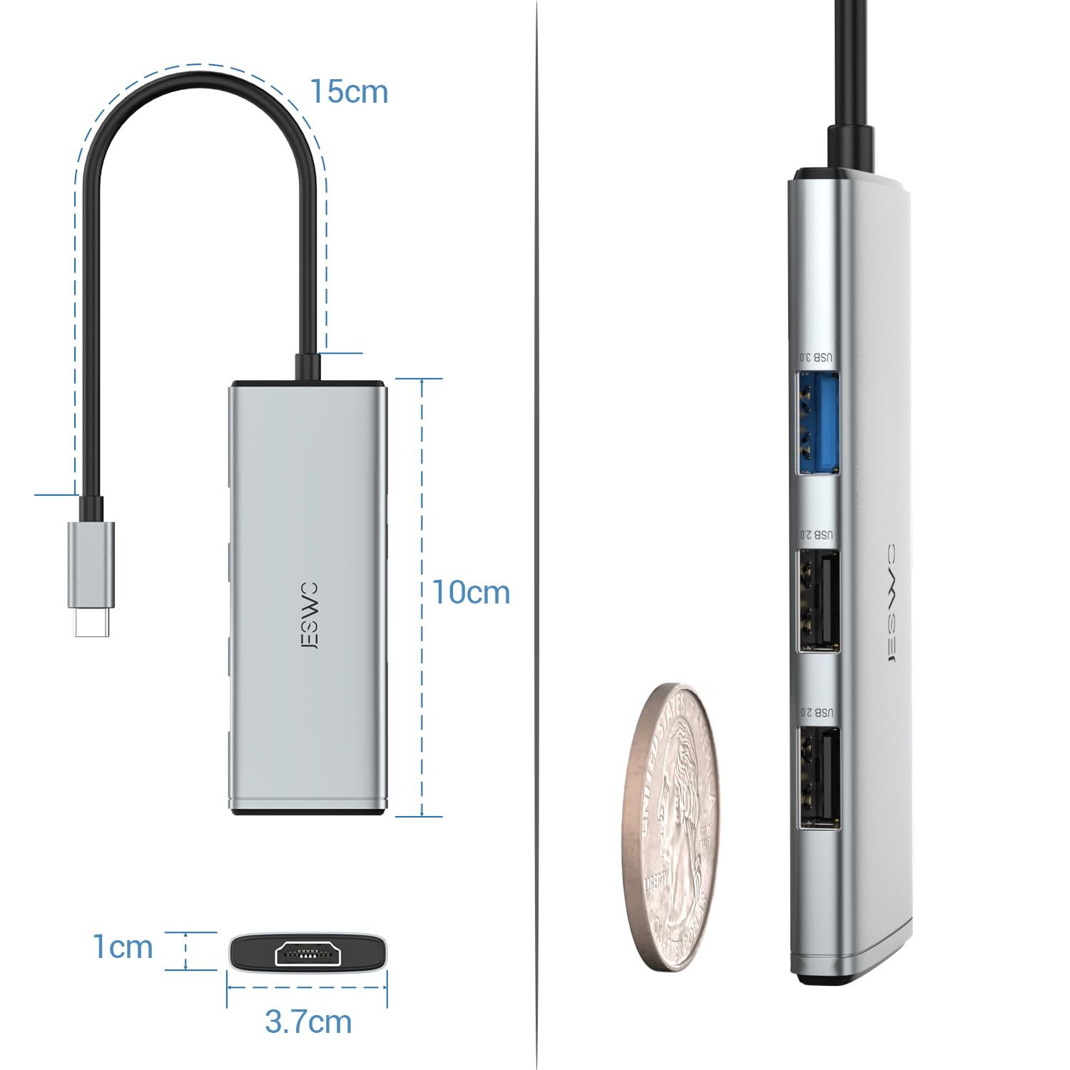 JESWO HUB USB C, 7 en 1 Adaptador USB C a HDMI 4K, USB 3.0, 2*USB 2.0, Lector Tarjeta SD/TF, USB C 100W PD Carga, Adaptador Tipo C para MacBook, MacBook Pro, Macbook Air, DELL, Surface etc. (Gris)