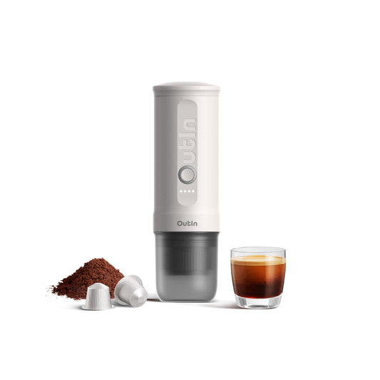 Cafetera Eléctrica Portátil Outin Nano Negra Autocalentada para Vehículos y Autocaravanas con Café Molido y Cápsulas NS