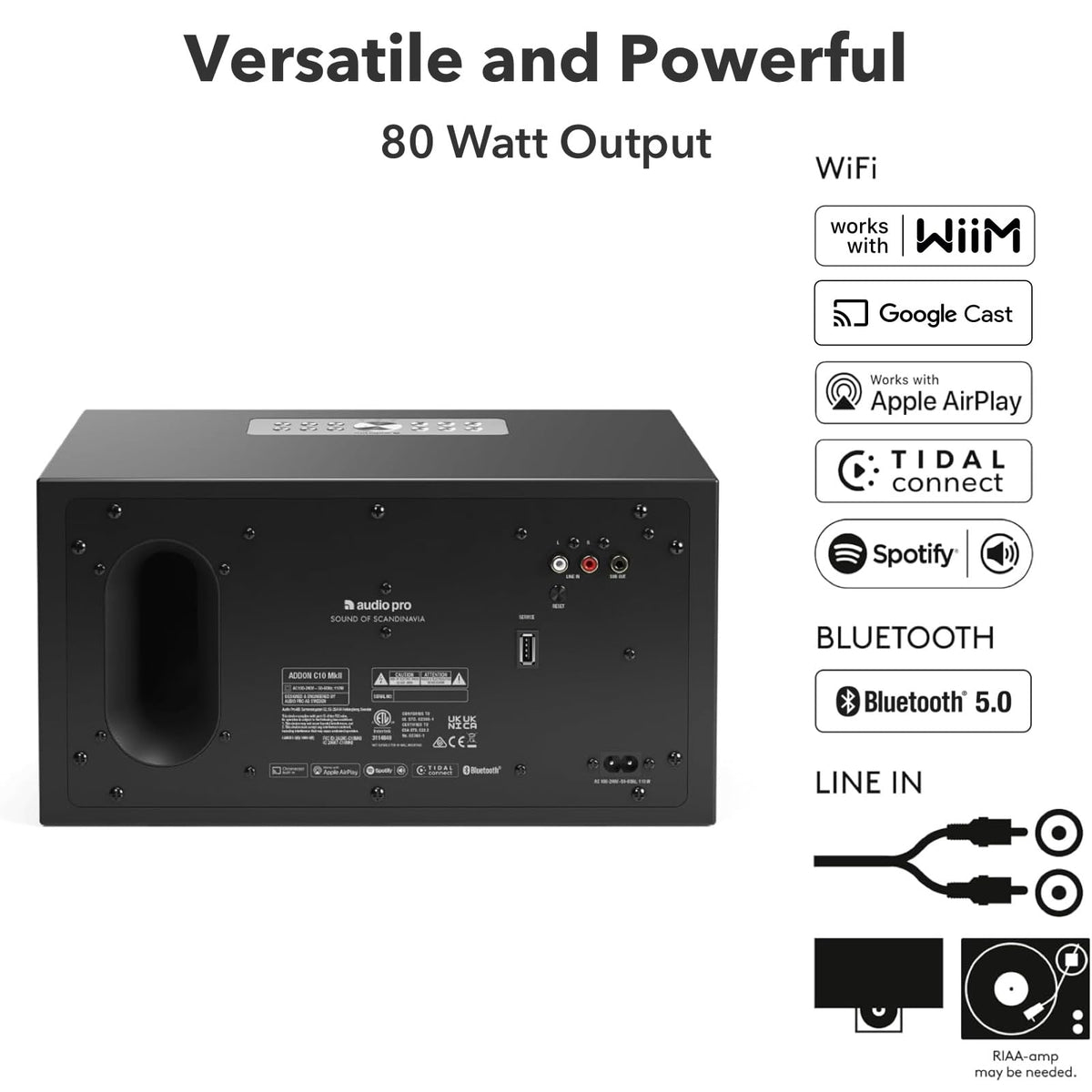 Altavoz Inalámbrico Audio Pro Negro Multiroom Sonido Potente Bluetooth Wi-Fi Compatible con AirPlay 2, Spotify, Tidal, App WiiM