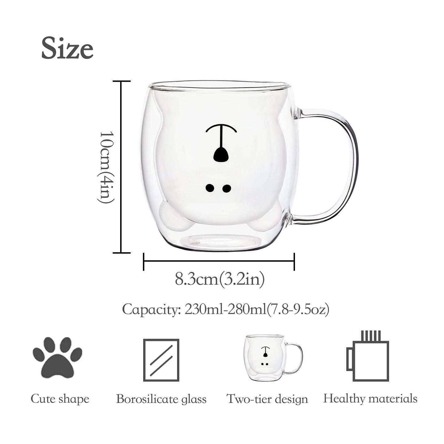 Juego de Tazas de Oso Lindo de Vidrio Transparente Doble Pared 8.5 oz