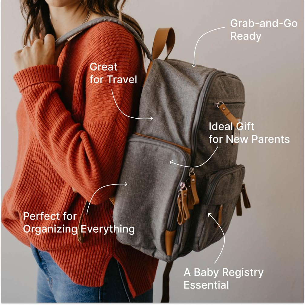 Parker Baby Co. - Mochila Pañalera Unisex Multifuncional con Cierra Completo y Bolsillos Térmicos para Mamá y Papá, Color Gris