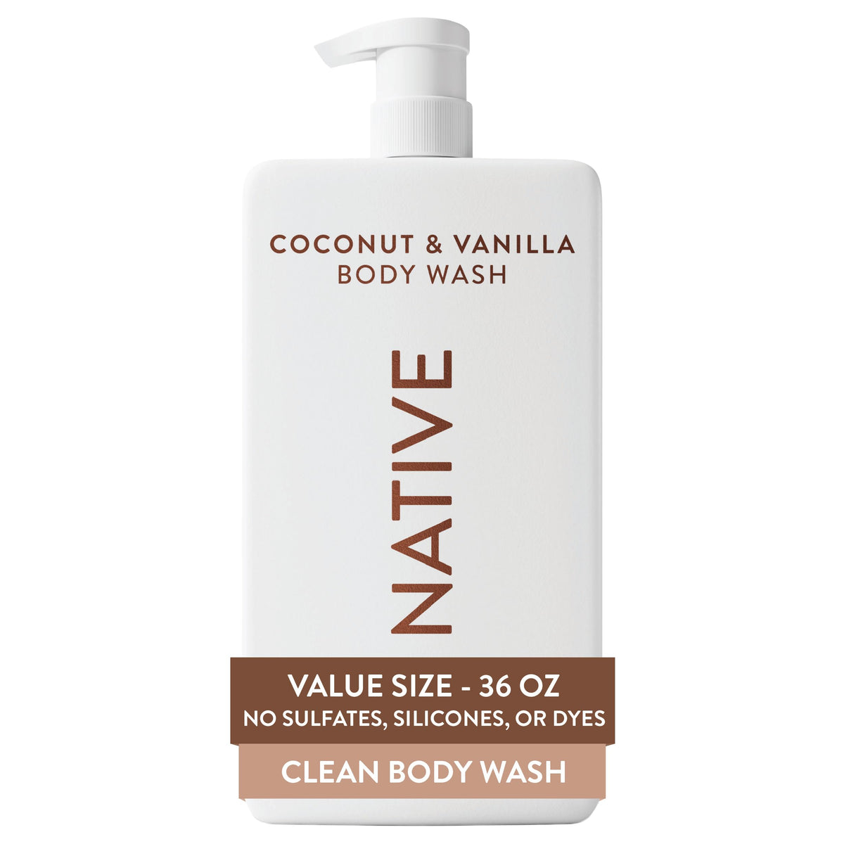 Native Body Wash for Women, Men | Sulfate Free, Paraben Free, Dye Free, with Naturally Derived Clean Ingredients, 36 oz bottle with pump - Pack of 1 (Coconut & Vanilla)