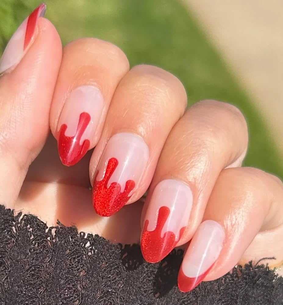 Olive & June Uñas Postizas Instantáneas Almendra, Estilo Vampiro Francés, 42 Piezas