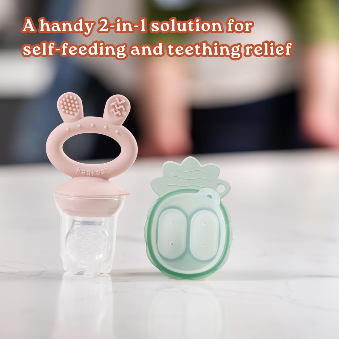 Haakaa Freeze-N-Feed Mini Combo con alimentador de alimentos de silicona y mini bandeja de silicona para picar | Alimentador de alimentos sólidos de autoalimentación para bebés | Molde para paletas de