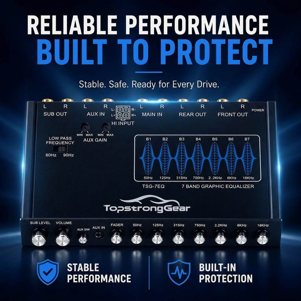 TOPSTRONGGEAR TSG7EQ - Ecualizador gráfico de audio de coche de 7 bandas con entrada auxiliar frontal de 3,5 mm, salidas RCA de alto voltaje y entradas de altavoz de alto nivel