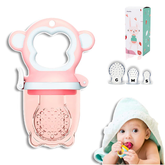 Chupón alimentador para frutas y papillas con seguro y tapa, 4 meses, dibujos animados (monkey rosa)