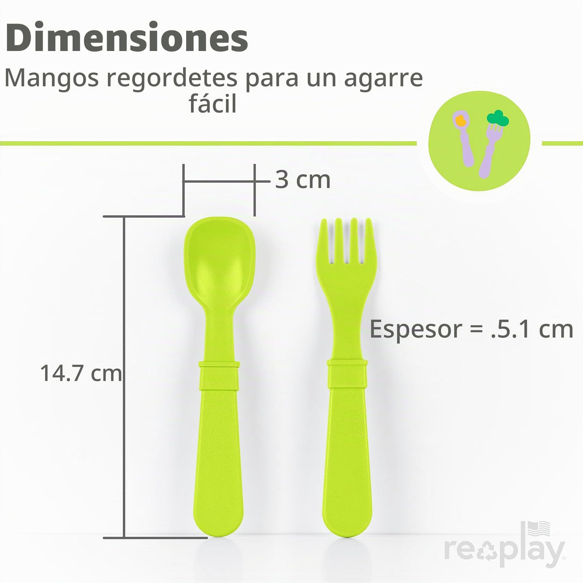 Re Play - Tenedores y cucharas para niños pequeños, paquete de 12 sin estuche de transporte, 6 tenedores para niños con puntas redondeadas y 6 cucharas profundas para niños pequeños, utensilios de 0.2 pulgadas de grosor, caja de lápices