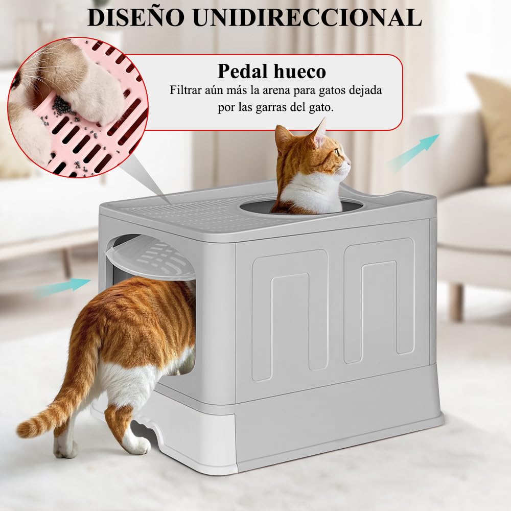 Jiula Caja de Arena para Gatos Plegable Cerrada, Caja de Arena con Cajón y Cuchara, Fácil de Limpiar, Adecuada para Viajar con Mascotas, Puerta Lateral Móvil Dos Direcciones, Gris, 41 * 51 * 44 CM