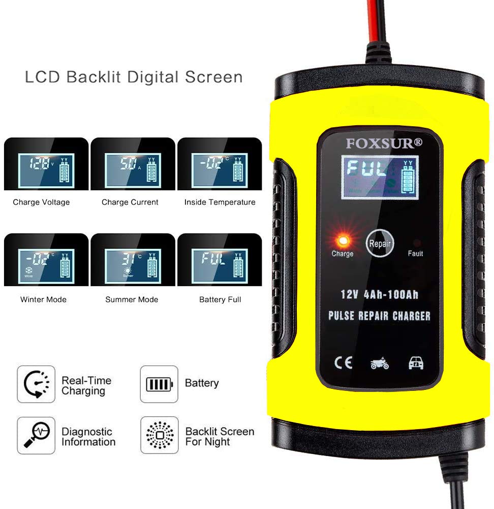 FOXSUR Cargador y mantenedor de batería de coche, 12 V 5 amperios, completamente automático, cargador de batería inteligente con visualización LCD, utilizado para cargar, mantener y reparar baterías